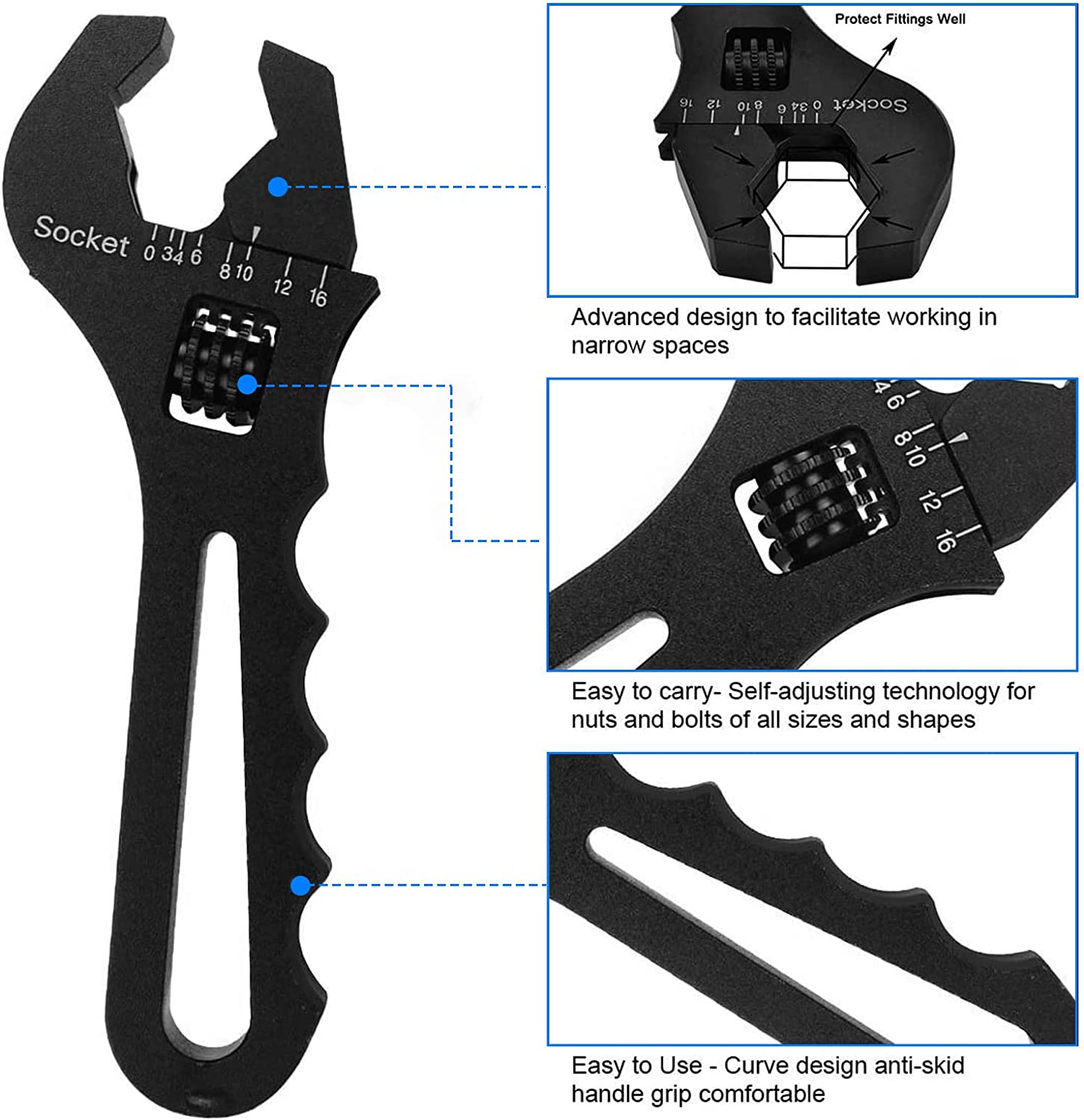 ABCISI 3AN-16AN Adjustable Wrench, Aluminum Lightweight Spanner Tools with ErgoFlow Curved Handle for An Hose Fitting Adapter End, Black