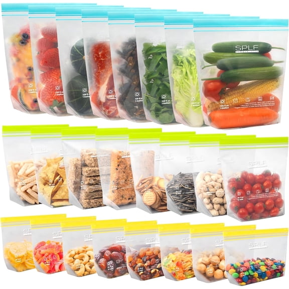 24 Pack Reusable Food Storage Bags Dishwasher Microwave Safe, BPA Free Freezer Bags, Silicone Containers for Meal Prep, Fridge Kitchen Organization - 8 Gallon Sandwich Snack