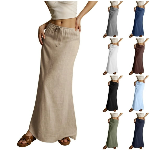 GXIPO Linen Maxi Skirts for Women Trendy Drawstring Waist A Line Skirt Long Flowy Boho Beach Skirt Green M