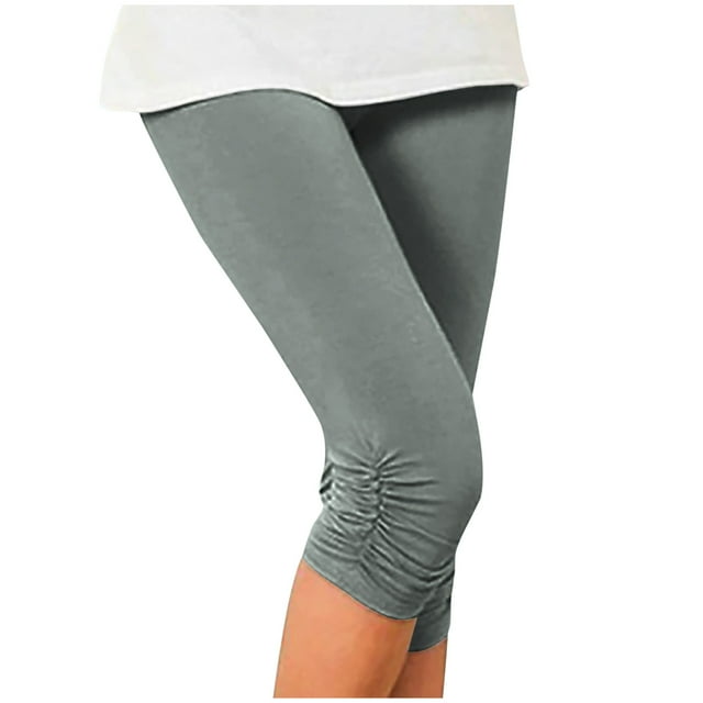 Stretch Soft High Waisted Capri Jeggings Womens Side Ruched/Lace Summer Beach Casual Short Leggings Plus Size (Small, Gray)