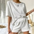 thumbnail image 6 of QUYUON Two Piece Outfits for Women Ribbed Knit Crew Neck Short Sleeve Elbow-Length Tops Short Sets Summer 2 Piece Outfits Lounge Sets Pajamas Shorts Set Loungewear A-White M, 6 of 6