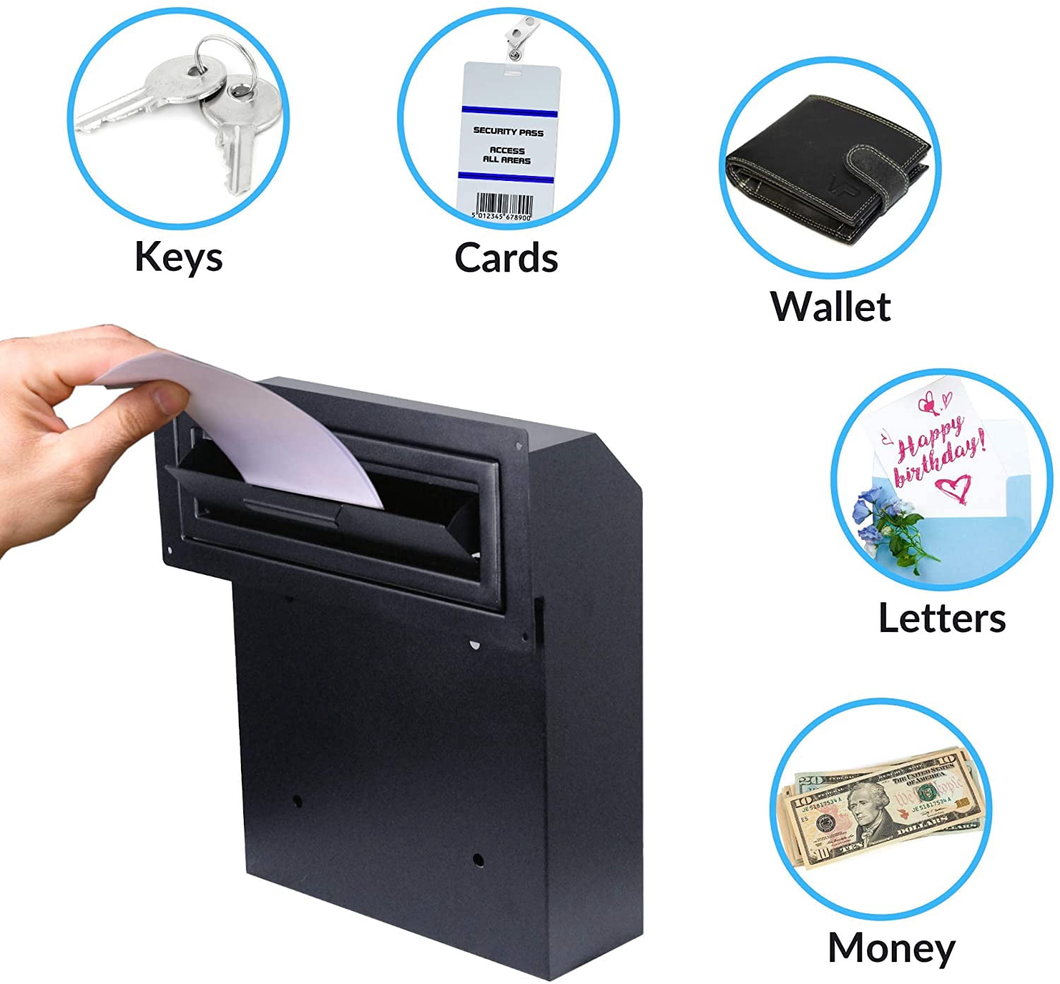 POCHAR Mailbox Slot Drop Box for Mail Delivery, Key Return, Deposit | Door Mount Installation Steel Mailbox with Locking Cabinet | Black