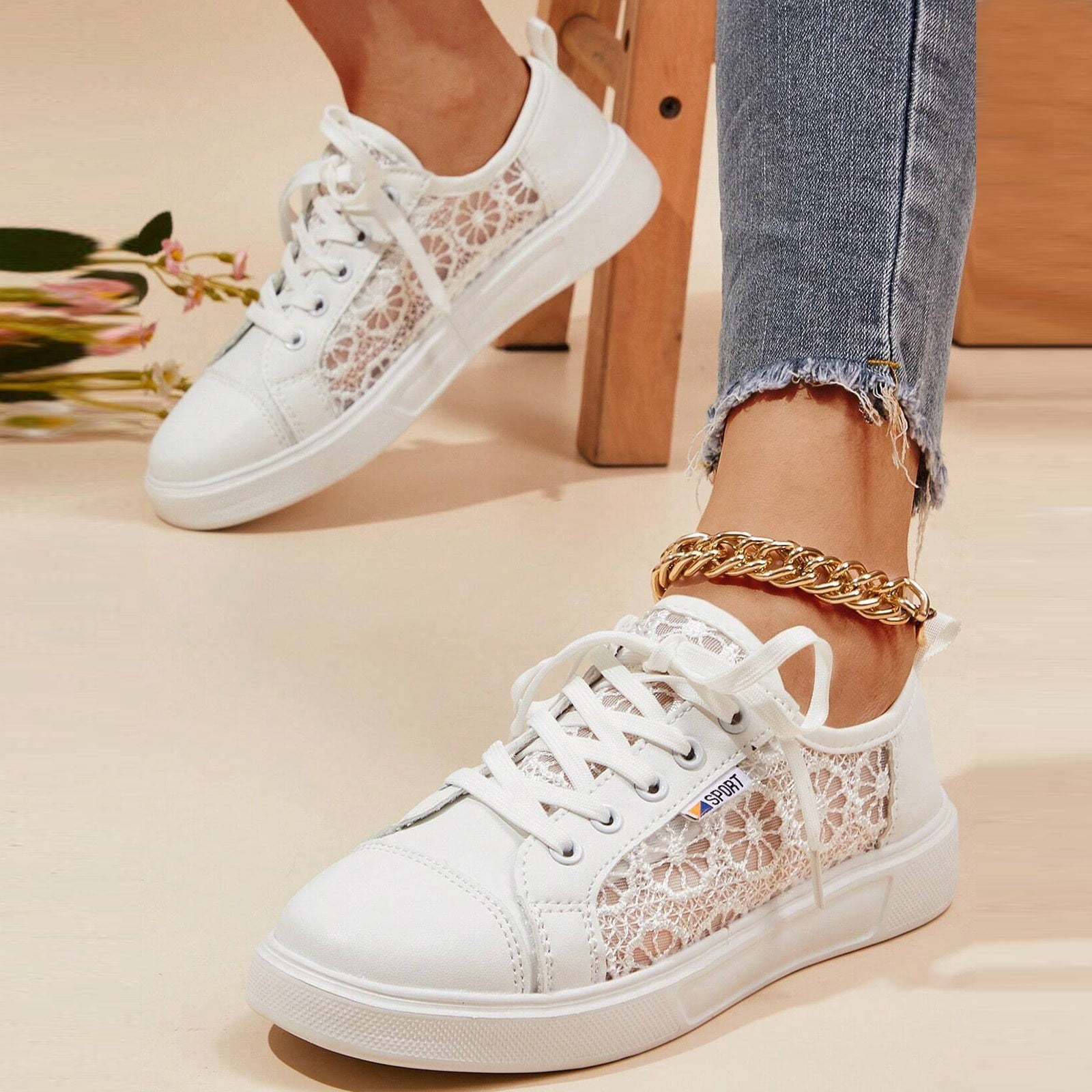 Dakaela Women's Wedding Shoes Lightweight Lace Fashion Sneakers
