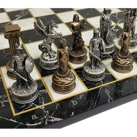 Greek Mythology Olympus Gods Chess Set Pewter Bronze Color 17" Faux Marble Board