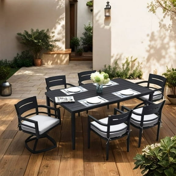 taoruifang 7-Piece Outdoor Aluminum Dining Set with Chairs, Swivel Rockers, Cushions, Table & Umbrella Hole, Black