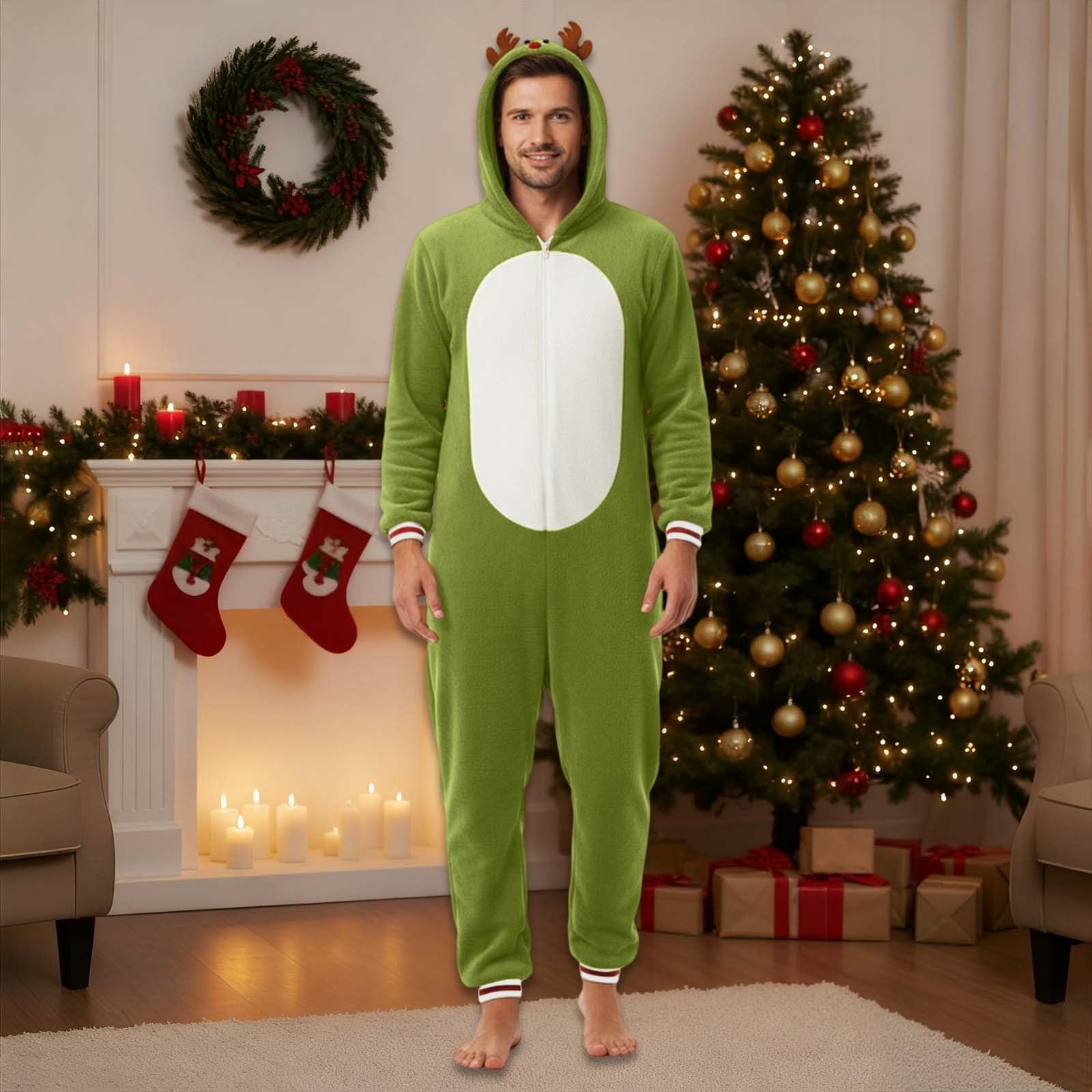 KinKnit Christmas Onesie for Family Reindeer Christmas Pajamas Onesie Fleece Deer Animal Jumpsuit Sleepwear Adult Couples