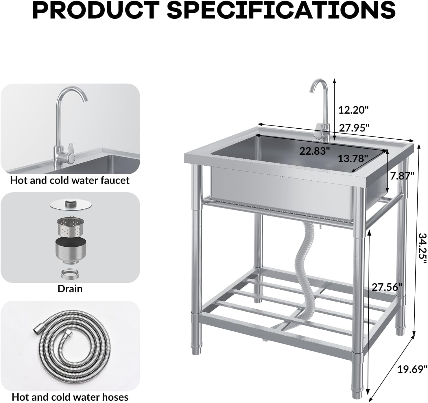 EastVita 24" Stainless Steel Free Standing Single Bowl Utility Sink with Hot/Cold Water Pipe, Kitchen Sink with Faucet, Legs, Storage Rack