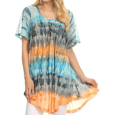 Sakkas Monet Long Tall Tie Dye Ombre Embroidered Cap Sleeve Blouse Shirt Top - Turquoise / Orange -