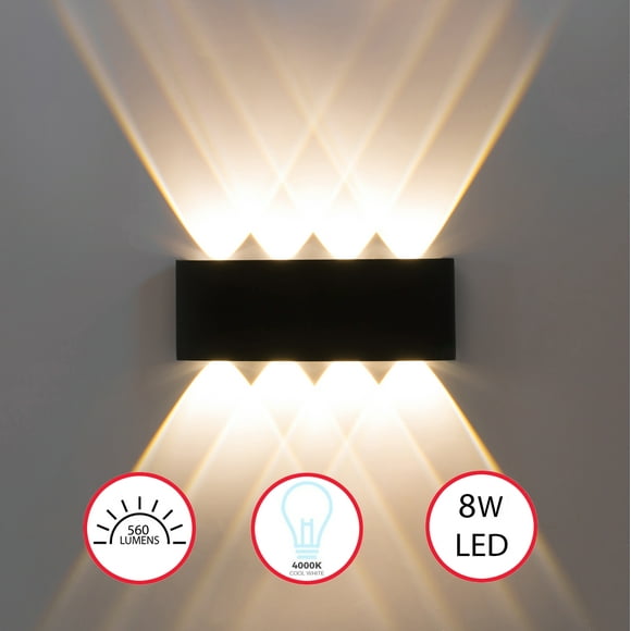 Applique Murale Imperméable Décorative en Aluminium Noir pour l'Intérieur et l'Extérieur - 8W Blanc Frais 4000K - Luminaire LED Économe en Énergie - Solution d'Éclairage Élégante, Ampoule LED Longue Durée.