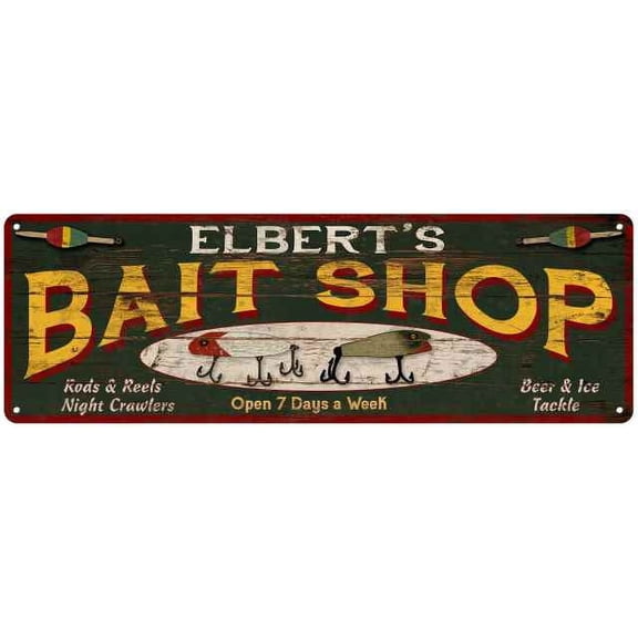 ELBERT'S Bait Shop Sign Wood Look Man Cave Den Gift 6x18 Metal 206180024457