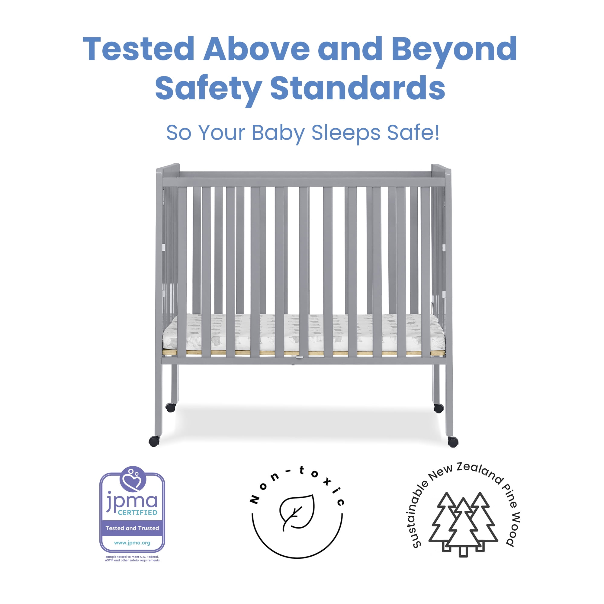 Delta Children Lee Portable Folding Mini Crib with 1.5-Inch Mattress - Greenguard Gold Certified, Grey