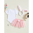 thumbnail image 5 of Baby Toddler Girls Easter Skirt Outfits 3 6 12 18 Months Short Sleeve Letter Bunny Print Romper Tulle Skirt Headband Clothing Set, 5 of 9