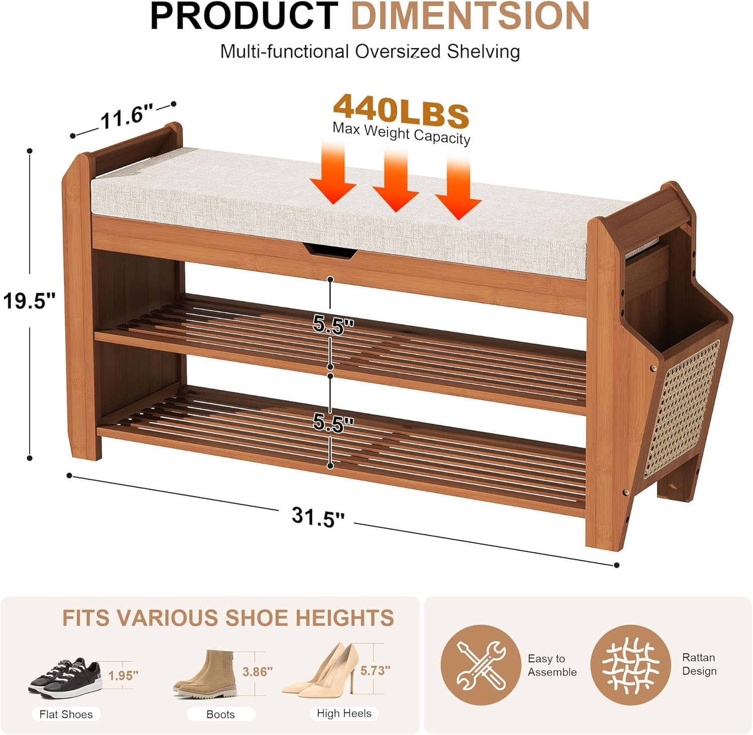AOPEC 31.5" Bamboo Shoe Rack Bench with Storage, 3-Tier Entryway Bench with Thick Cushion, Flip-Top & Side Baskets, Holds Up to 550 LBS for Hallway, Living Room, Bedroom