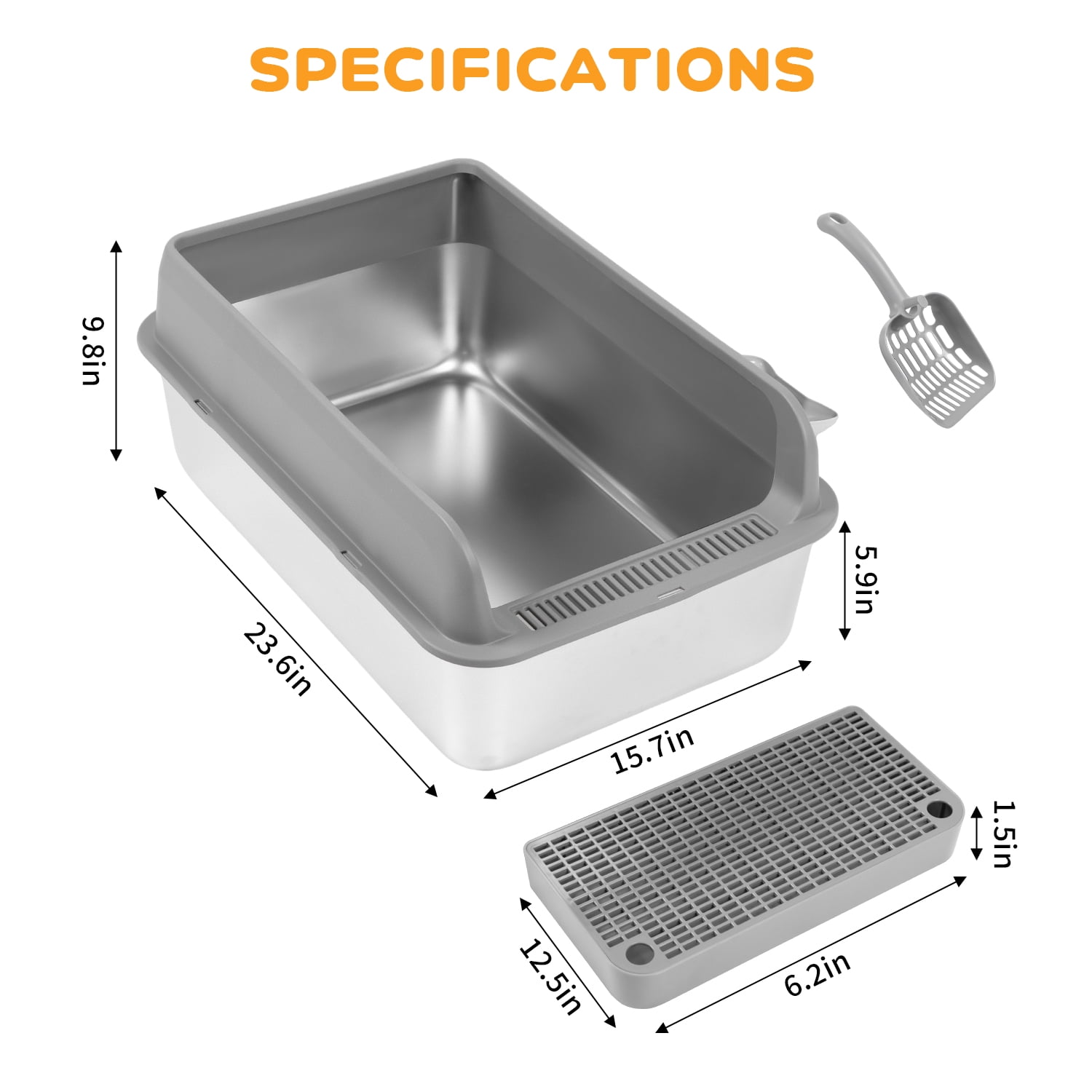 Yucurem Stainless Steel Cat Litter Box, High Sided Cat Litter Box for Small/Big/Multi Cats, with Scoop and Case, Paw Mat, 2 Rolls of 30 Bags