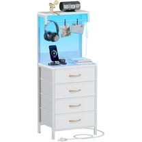 White Nightstand, 38 inches Tall Night Stand with Charging Station and LED Lights, Bedside Table for Bedroom, Office, Hallway, 4 Fabric Drawers, Metal Frame, Wood Shelves