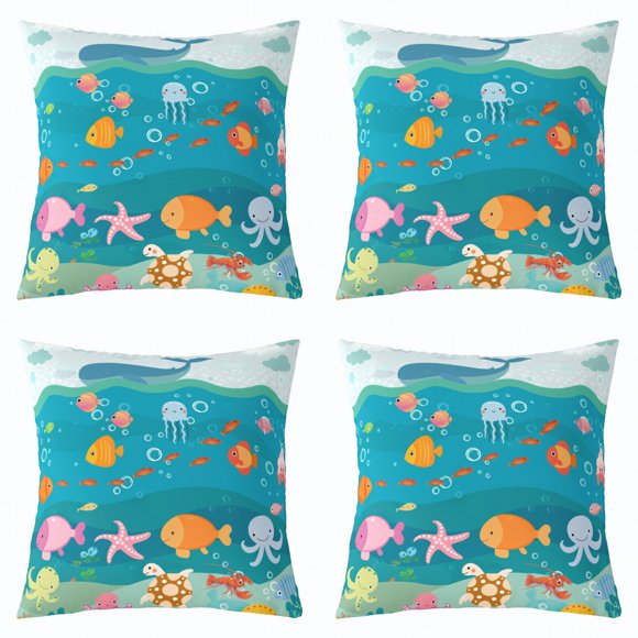 Erosebridal Octopus Turtle Jellyfish Throw Pillow Covers 16x16 Set of 4,Cartoon Animal Pillow Cases for Couch,Ocean Wildlife Pillow Cases Set of 4,Marine Bedroom Decorative