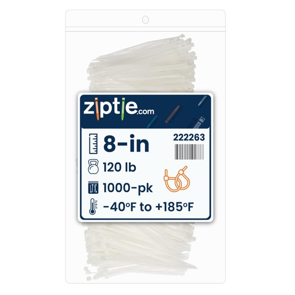 ZipTie.com Attaches à Fermeture Éclair Multi-Usages Naturelles 8 Pouces, Résistance à la Traction 120 Lb, Certifié UL 21S, Lot de 1,000