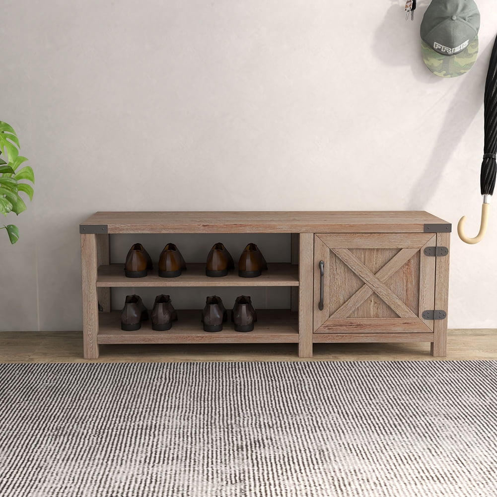 Kadyn Farmhouse Shoes Bench, Modern Entryway Storage Bench with Seat Cushion, 2 Tier Shoes Bench for Entryway, Light Brown Walnut Kadyn Farmhouse Shoes Bench, Modern Entryway Storage Bench with Seat Cushion, 2 Tier Shoes Bench for Entryway, Light Brown Walnut