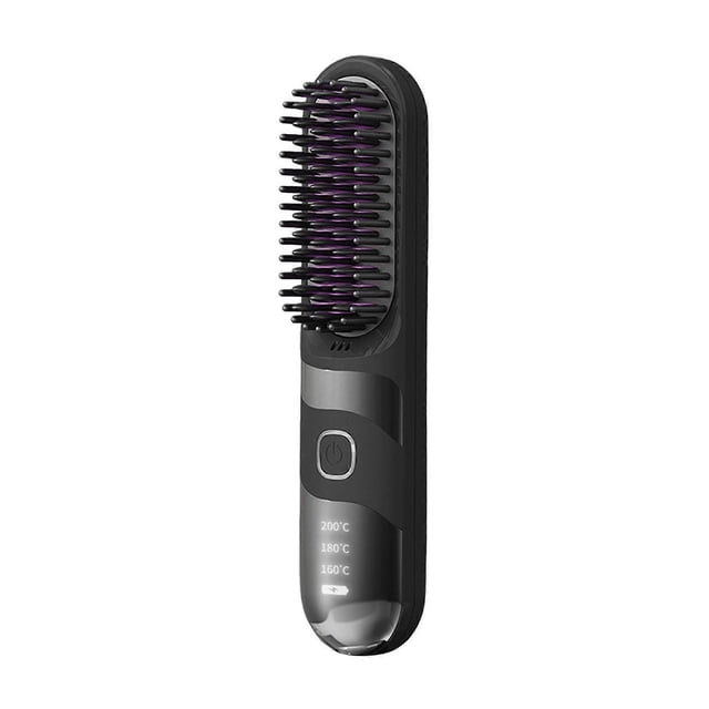Cepillo alisador de pelo inalámbrico con calentamiento rápido, 3 modos de temperatura, pantalla LED, protección anti-quemaduras, color negro.