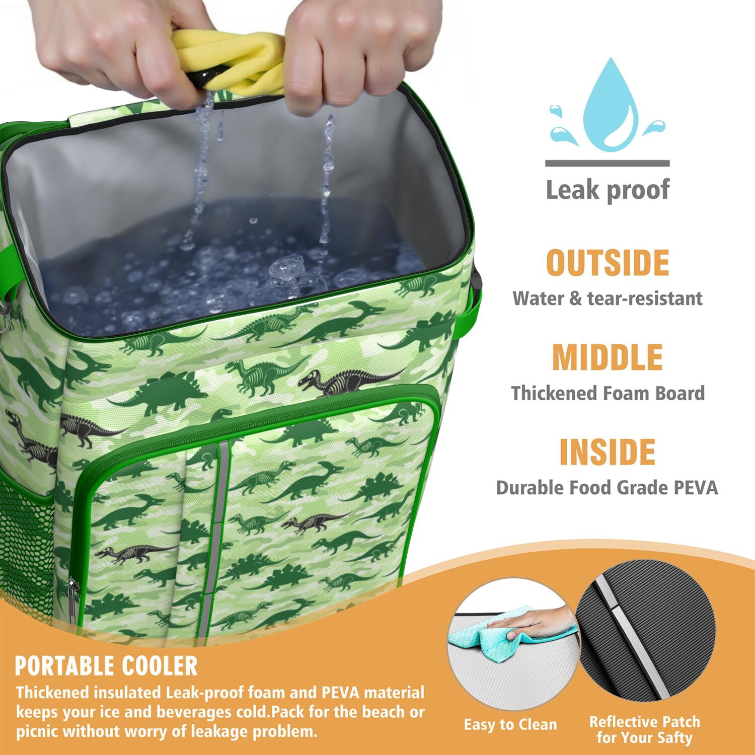 Travel Cooler Bag - Green Cartoon Dinosaurs Camouflage Pattern Camping Beer Cooler Backpack with Bottle Opener- Waterproof Insulated Picnic Backpacks - Cooler Bag for Beach