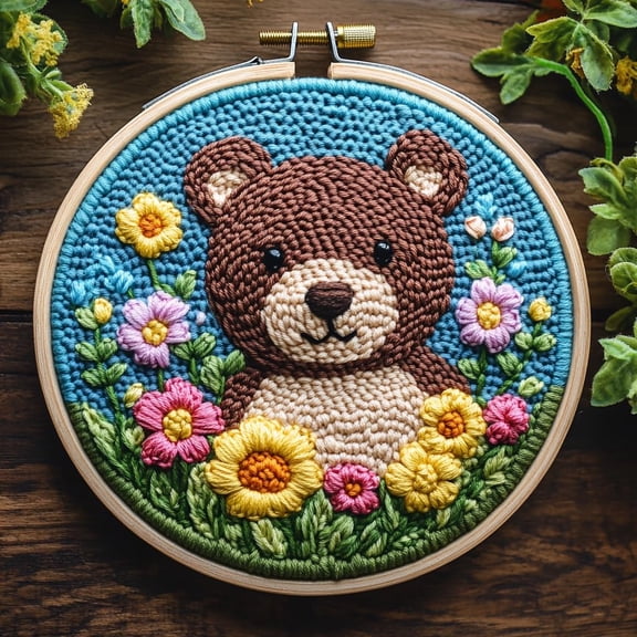DIY Punch Needle Kits Little Brown Bear in Flowers Easy for Beginners Punch Needle Embroidery Set for Craft lovers with Printed Pattern and Hoop for Home Decor 20x20cm-1