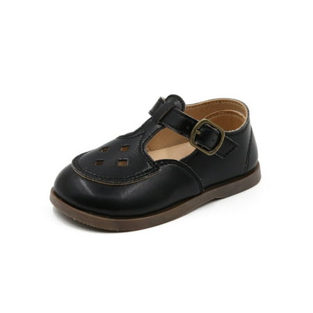 

Lacyhop Kids Dress Shoes Ankle Strap Leather Shoe Hollow Out Flats School Anti-Slip Mary Jane Lightweight T-Strap Black 7C