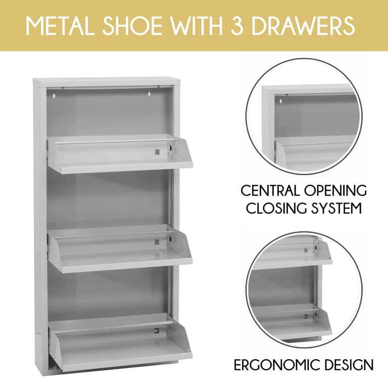 Wall Mounted Modern Shoe Rack-No-Assembly 3 Drawer Shoe Storage Metal  Cabinet