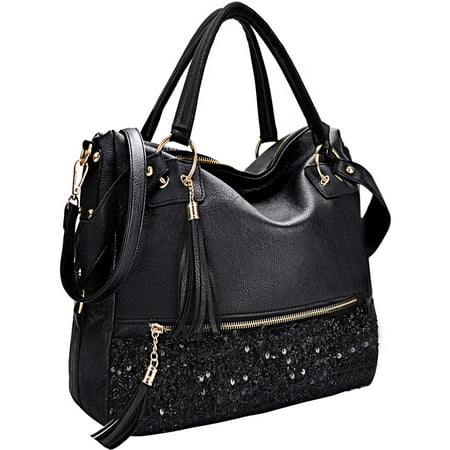 Black Leather French Purse - Womens Handbags, Fashion Punk Style Shining Sequin Faux Leather Tote Bag Hobo Bag for Girls Women Ladies (Black)