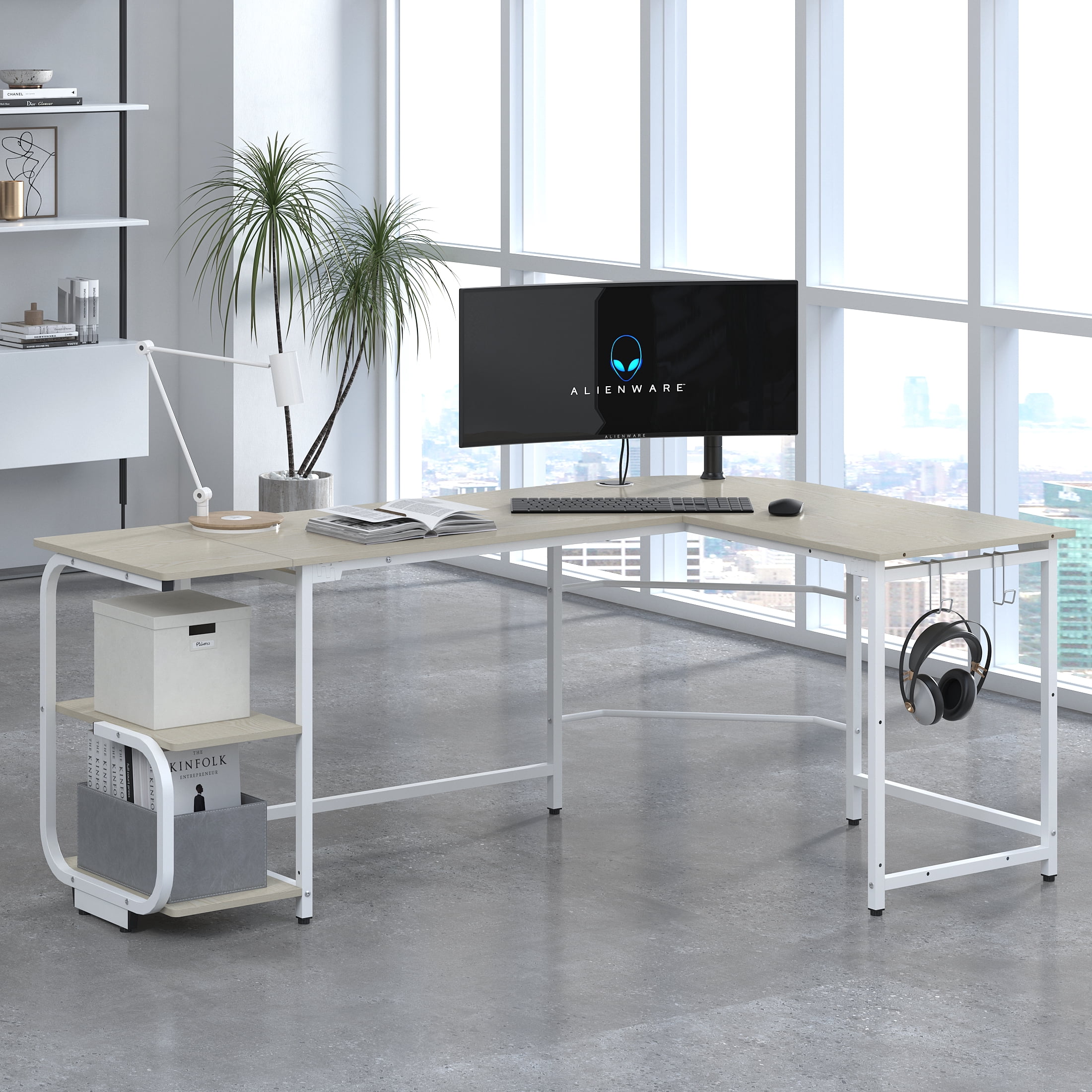 GEZEN 70" L Shape Computer Desk with 2-tier Bookshelf Storage, Home Office Corner Computer Table with Hooks, Beige