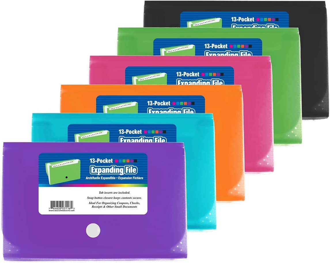 Kicko 13 Pocket Accordion Folder with Snap Closure 4.75inches by 7inches, 6 Pack