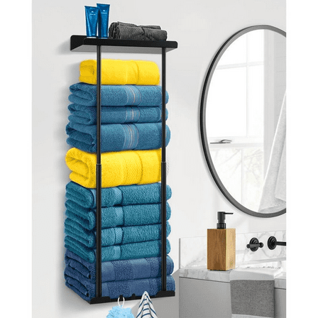 Wall Mounted Towel Rack for Bathroom, Metal Towel Holder Bar for Rolled & Folded Large Towels, Upgraded Black Bathroom Wall Towel Storage