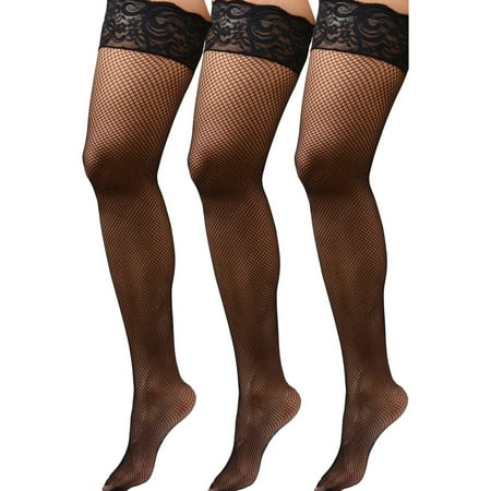 

Womens Plus Size Hosiery Black Fishnet Lace Top Stay Up Silicone Thigh High Stockings- 3 Pack