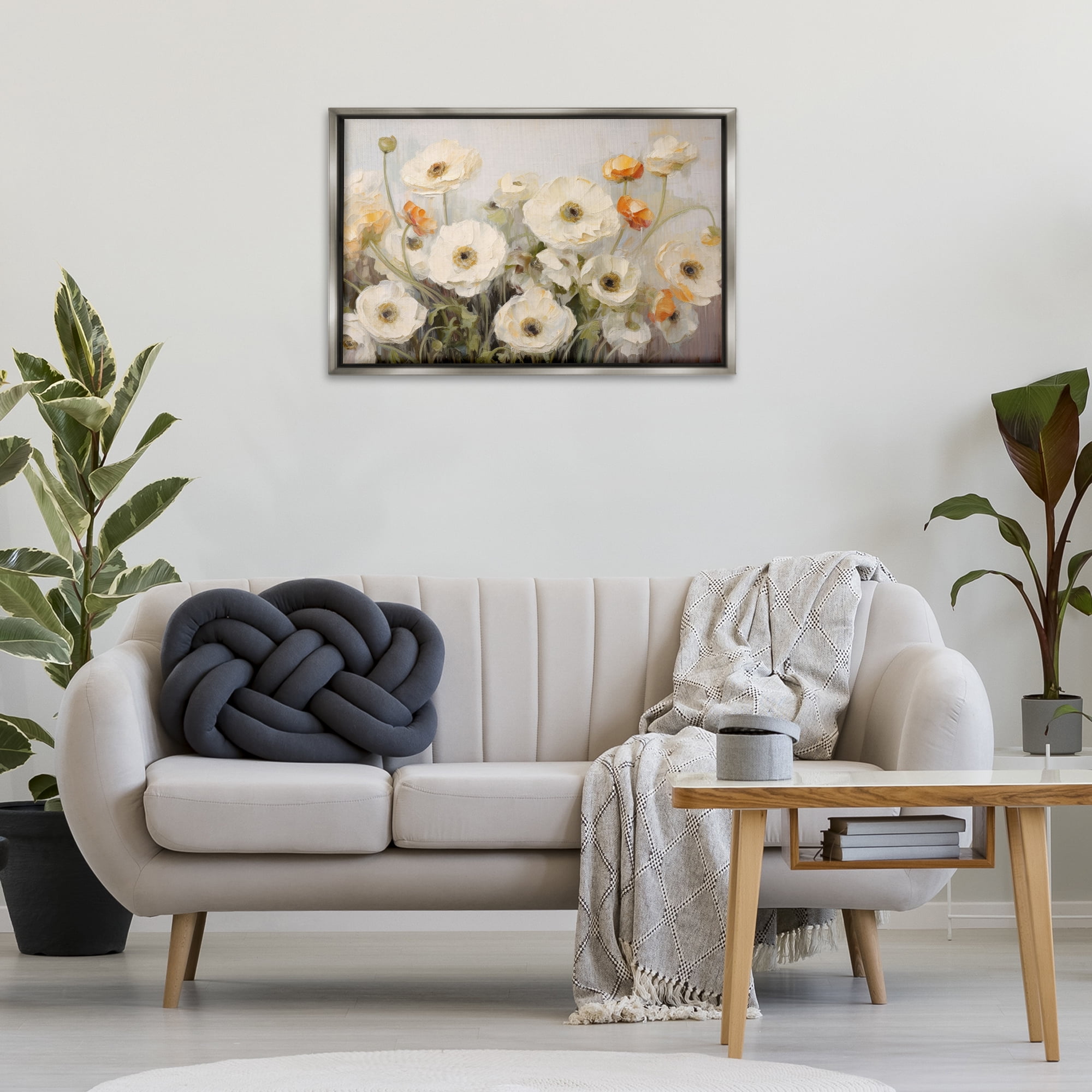 Stupell Industries White Ranunculus Blooms Plants & Flowers Painting Gray Floater Framed Canvas Art Print Wall Art, 31 x 21