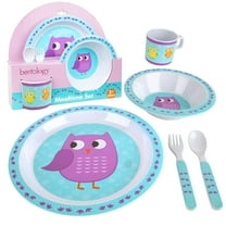 Bentology 5 Pc Mealtime Baby Feeding Set for Kids and Toddlers - Includes Plate, Bowl, Cup, Fork and Spoon Utensil Flatware - Durable, Dishwasher Safe, BPA Free - Owl