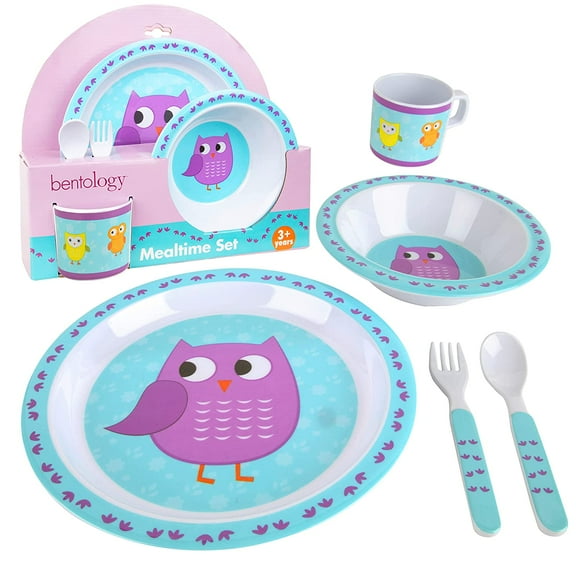Bentology 5 Pc Mealtime Baby Feeding Set for Kids and Toddlers - Includes Plate, Bowl, Cup, Fork and Spoon Utensil Flatware - Durable, Dishwasher Safe, BPA Free - Owl