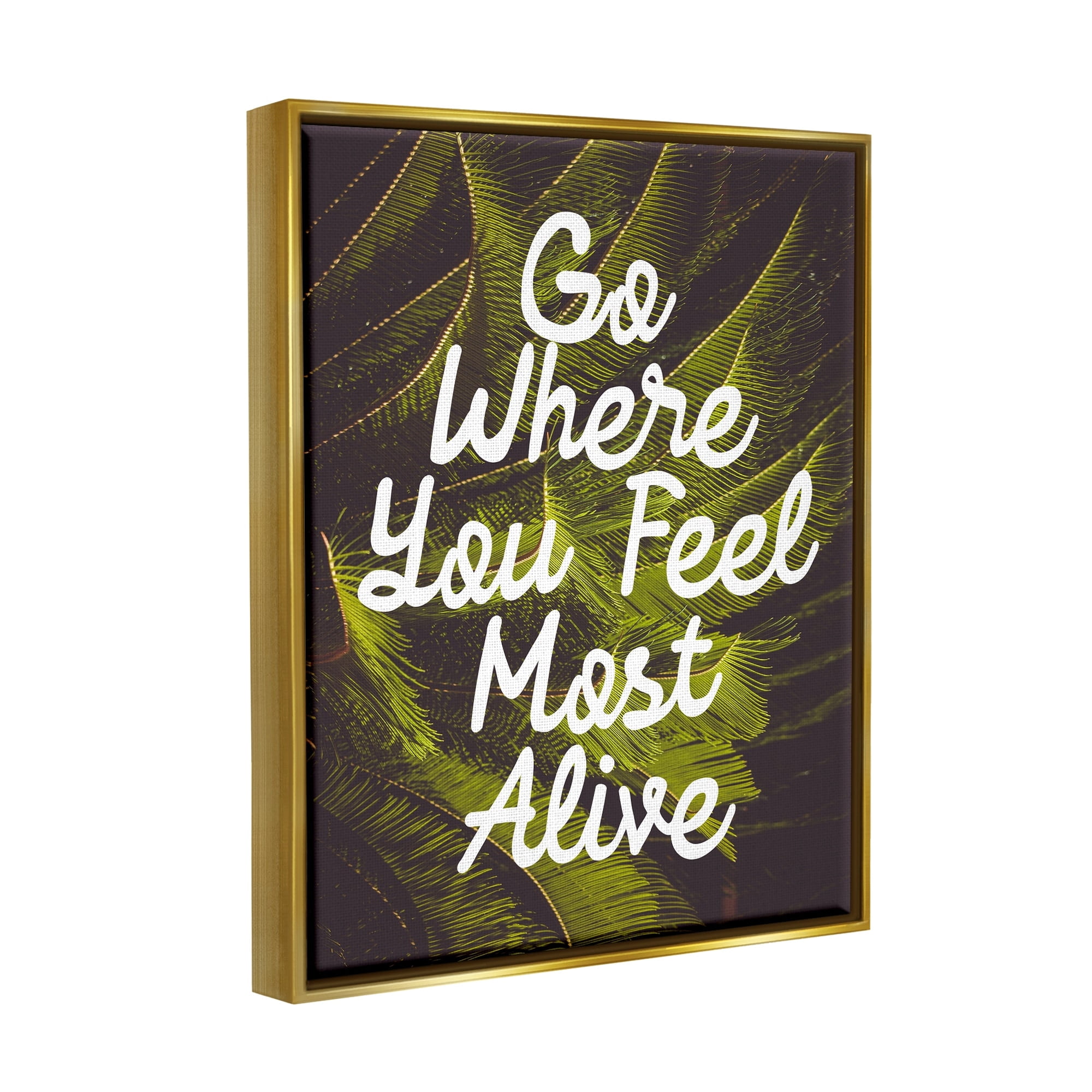 Stupell Industries Encouraging Life Calligraphy Quote Botanical Plant Leaf Graphic Art Metallic Gold Floating Framed Canvas Print Wall Art, Design by Daphne Polselli