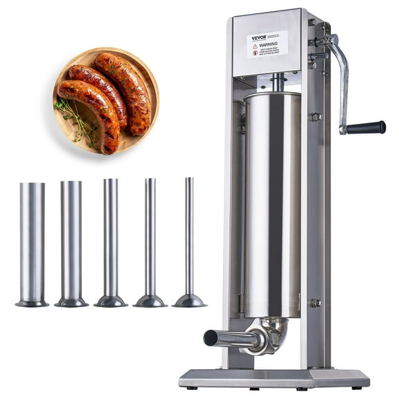 VEVOR Manual Sausage Stuffer,7 L / 15 LBS Vertical Sausage Machine,Dual-Speed Meat Stuffer,Made of Food-Grade 304 Stainless Steel,Includes 5 Stuffing Tubes,for Home Kitchen Restaurant Commercial