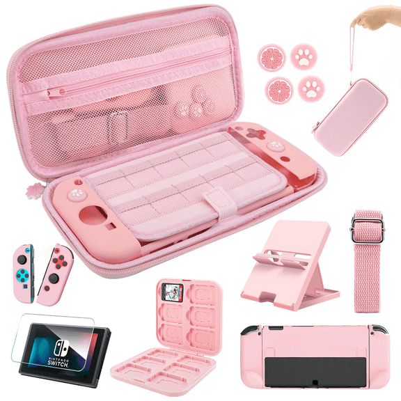 Welltop 11 in 1 Carry Case Accessories Kit for Nintendo Switch OLED, Welltop Pink Travel Carrying Case, Hard Protective Cover, Adjustable Stand, Screen Protector, Cute Thumb Grips, Game Cards Case