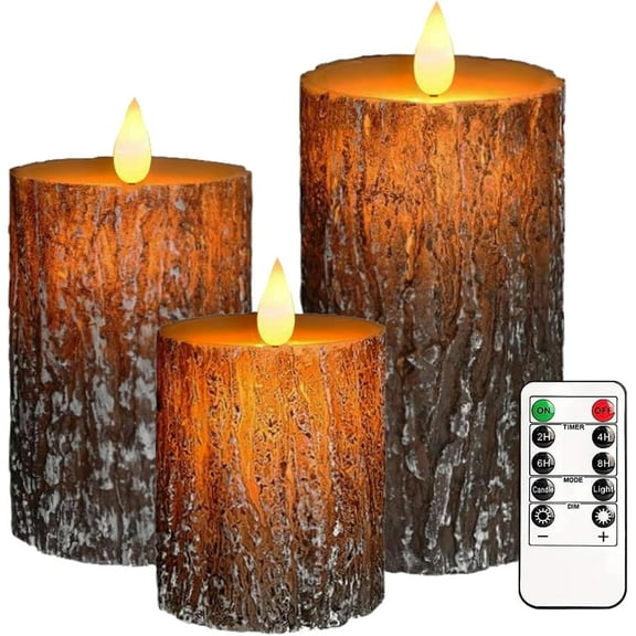 Flameless Candles Lights, Set of 3 Flickering LED Candles with Remote & Timer, Dimmable Pine Bark Pillar Candles Battery Operated, Electric Candles for Home Winter Christmas Decor