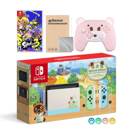 Nintendo Switch Animal Crossing Limited Edition 32GB Console Bundle with Splatoon 3 Game, Mytrix Berry Pink Bear Wireless Pro Controller and Mytrix Accessories- the Most Popular Game