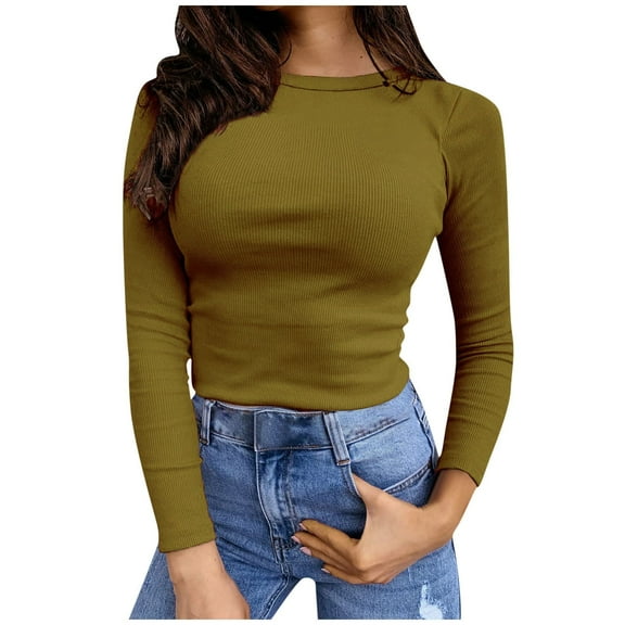 TIHLMK Long Sleeve Shirts for Women Women's Fall Fashion Long Sleeve Stretch Slim Fitted Ribbed T-Shirt Blouse Solid Basic Tops Gifts for Women