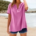 thumbnail image 4 of Women's Cotton Linen Shirt, V Neck Short Sleeve Button Down Blouse, Loose Fit Casual Top, Oversized Tunic Top, Beach Cover Up, Work to Weekend Shirt-Hot Pink, 4 of 4