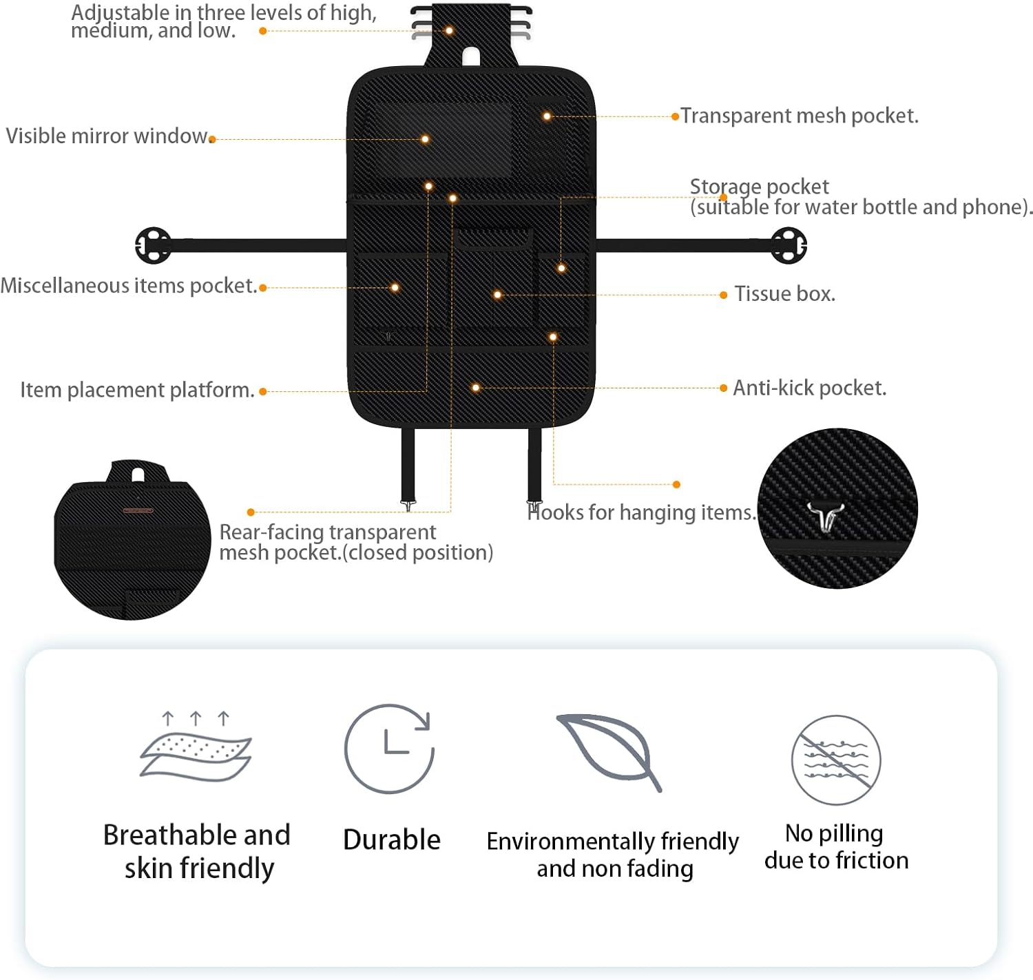 Back Seat Car Organizer 1 Pack,Backseat Organizer with Tray,Multifunctional Car Seat Back Storage Box with Foldable Tablet Holder (Carbon Black, Weave)