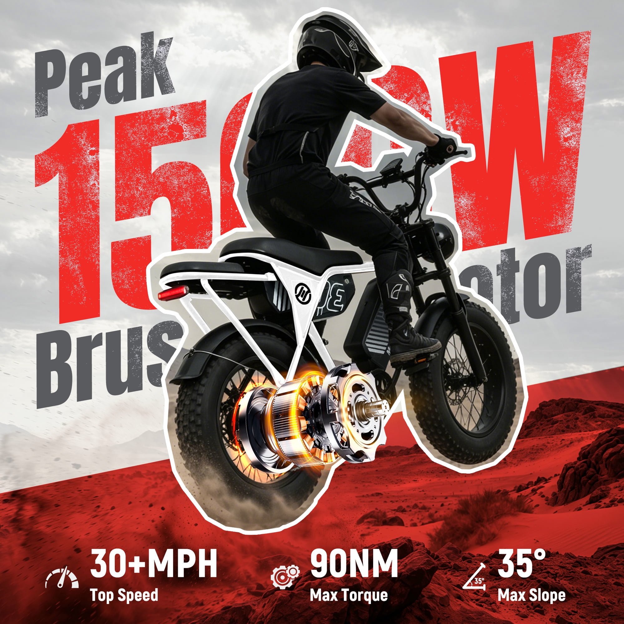 ESKUTE V300 Electric Dirt Bike for Adults & Teens, 48V 41.6Ah Removable Battery, 30+MPH 1500W Motor, NFC Unlock, 20" x 4.0" Fat Tires, 7-Speed White, UL2849