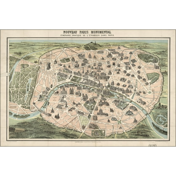 24"x36" Gallery Poster, Nouveau Paris monumental map 1878