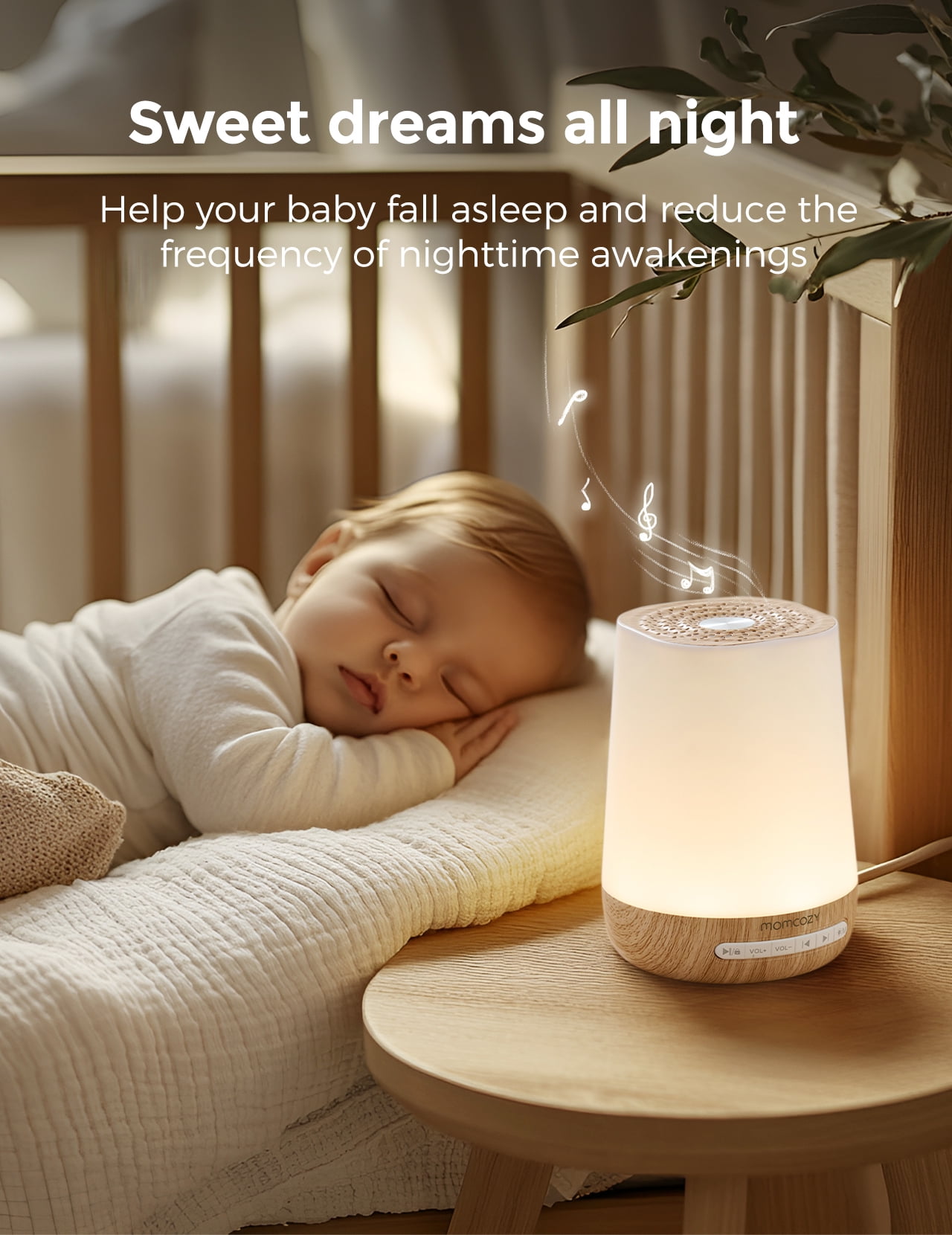 Momcozy White Noise Machine for Baby Sleeping with Night Light, Toddler Sleep Trainer with 34 Soothing Sounds, Timer, App Remote Control,Wood Grain