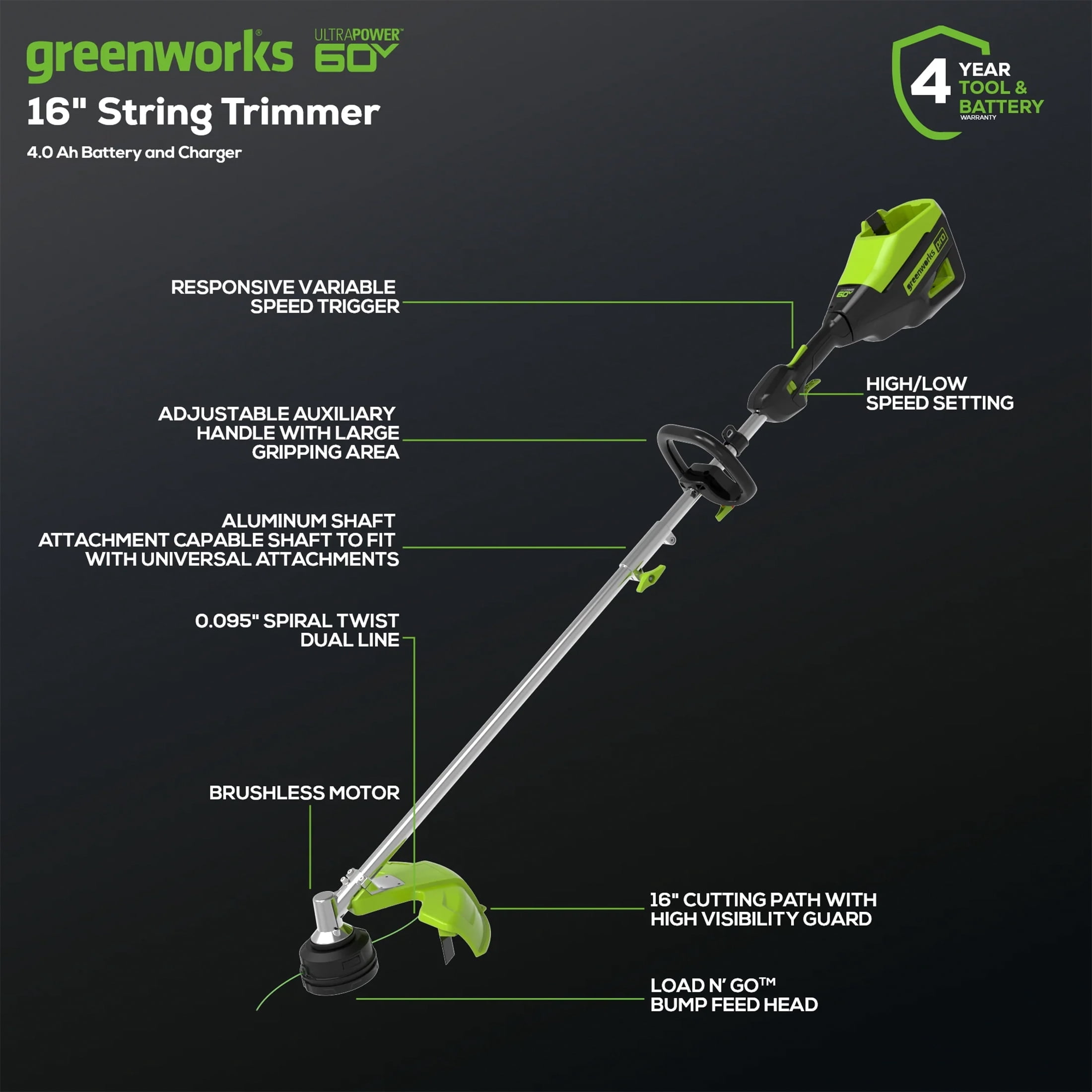 Greenworks 60V 16" Cordless Battery String Trimmer (Attachment Capable) with 4.0 Ah Battery & Charger