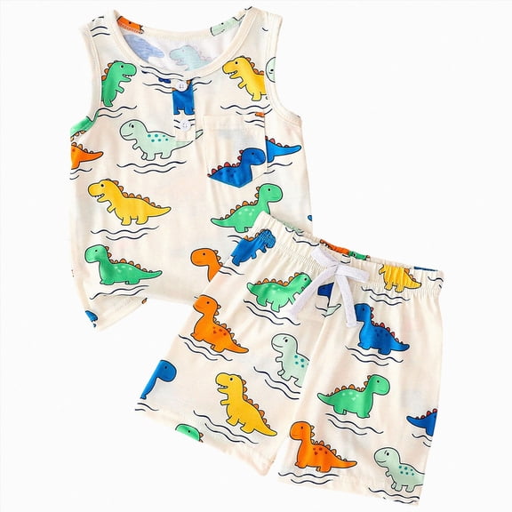 CAUYDY Toddler Baby 2-6T Newborn Boy Summer Sleepwear Set Outfit Pajamas for Little Boys 2PCS Elastic Shorts & Adorable Sleeveless Shirt 3-18M Kids Loungewear (Sizes 12-18 Months,W6-Khaki)
