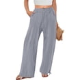 thumbnail image 3 of YIFUNIN Women's Summer Cotton Linen Wide Leg Pants with Button Detail & Elastic Waist, Loose Palazzo Casual Trousers with Pockets,Gray L, 3 of 5
