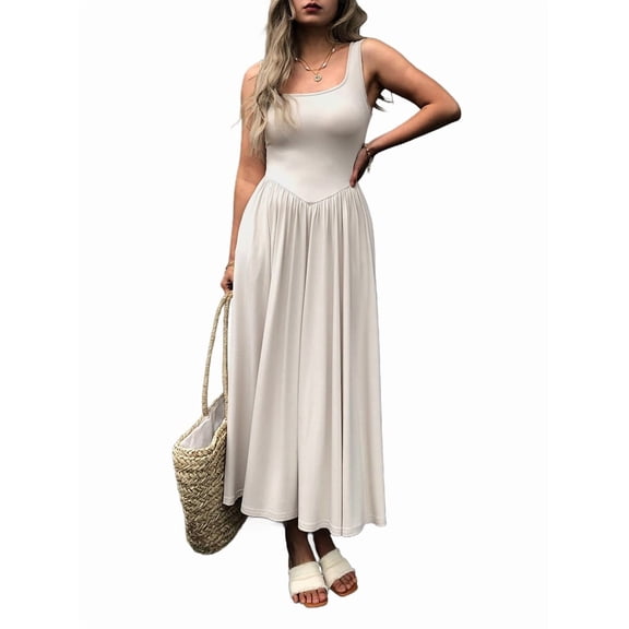 Women'S Summer Maxi Dress Sleeveless Square Neck Casual Beach Sundress with Pockets, Flowy Patchwork Knit White L